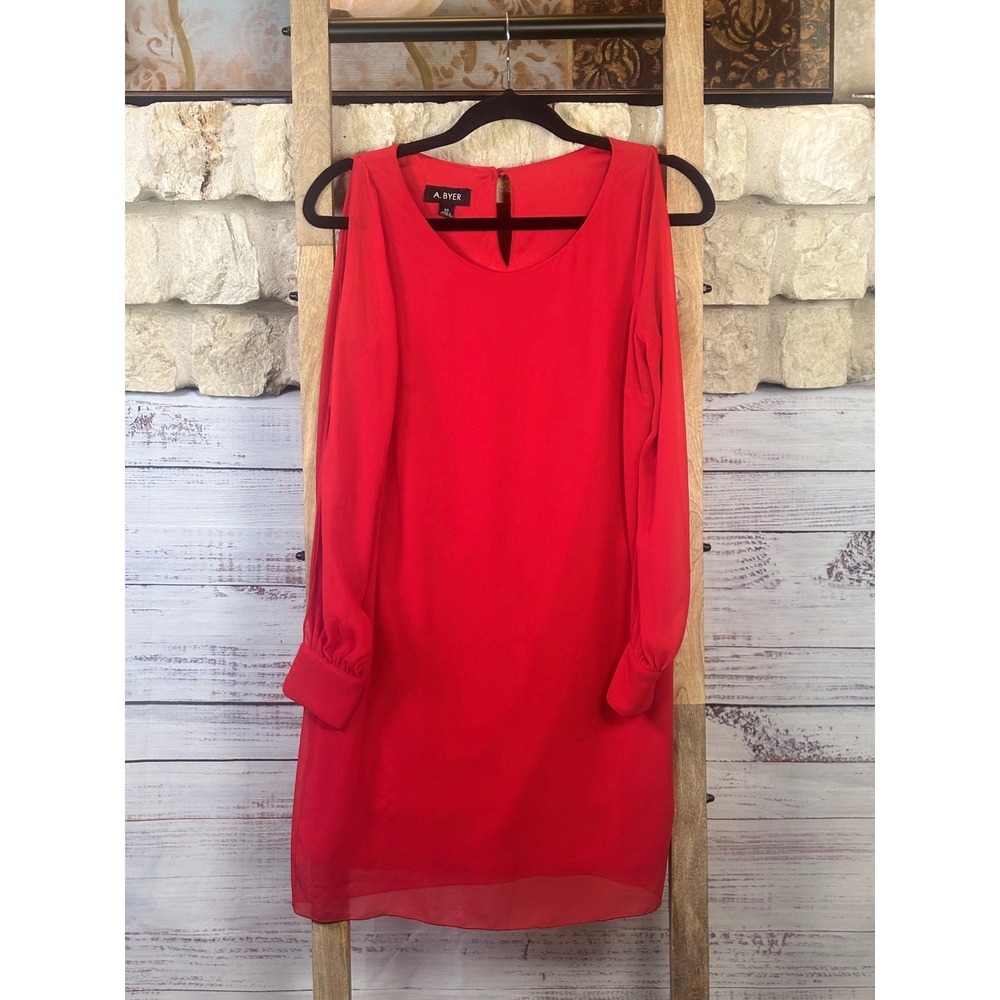 A Byer Red Open Slit Sheer Arm Long Sleeve Shift Mini Dress Womens XS - Picture 8 of 14